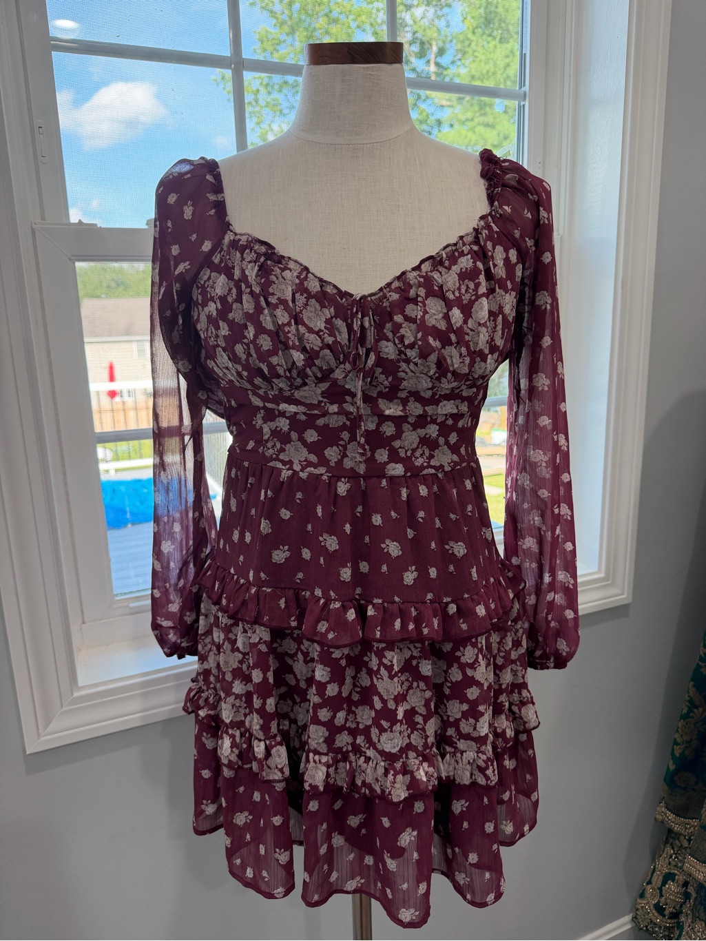 Women’s Floral Burgundy Tiered Mini Dress